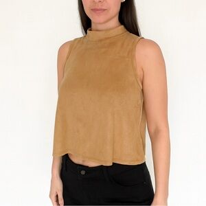 Wild Pearl suede looking mock neck sleeveless tan western/70's style top SZ XS